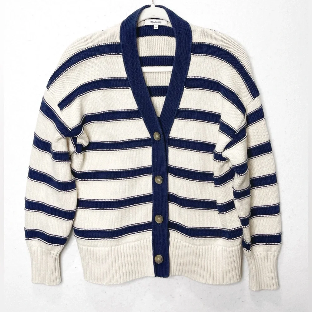 Madewell Oversized Cotton Cardigan in Stripe Cream Navy NT645 100% Cotton Small - Picture 6 of 10